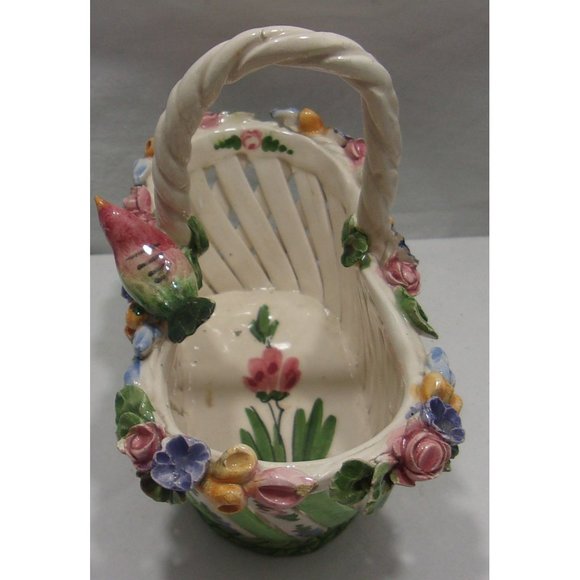 VTG Capodimonte Porcelain Bird Basket Flowers w/ Handle Spring / Easter 5 1/2" - Picture 2 of 10
